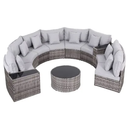 Gardeon 8 Seater Outdoor Sofa Set 11 Piece PE Rattan Furniture with Grey Cushions and Tempered Glass Table