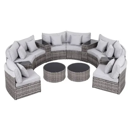 Gardeon 8 Seater Outdoor Sofa Set 14 Piece PE Rattan Patio Furniture with Grey Cushions and Removable Covers