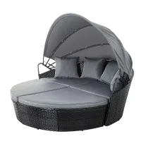 Gardeon Sun Lounge Setting Wicker Day Bed - Black, Galvanised Steel Frame, UV-Resistant, 161x180x145cm, 1-Year Warranty