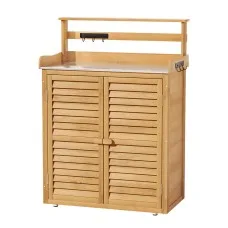 Gardeon Wooden Outdoor Storage Cabinet with Galvanised Steel Workbench, 3-Tier Shelves & Weather-Resistant Design