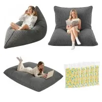 Artiss 3-in-1 Corduroy Bean Bag Chair Convertible Sofa Floor Cushion Memory Foam Filling 11kg Grey 180x140cm