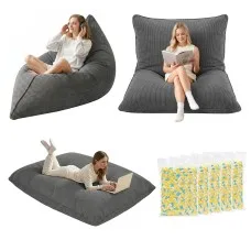 Artiss 3-in-1 Corduroy Bean Bag Chair Convertible Sofa Floor Cushion Memory Foam Filling 11kg Grey 180x140cm
