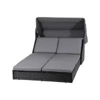Gardeon Outdoor Day Bed Sun Lounge 4-Position Adjustable Canopy PE Rattan Black 300kg Weather-Resistant Cushions