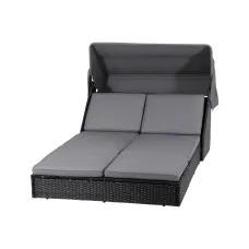 Gardeon Outdoor Day Bed Sun Lounge 4-Position Adjustable Canopy PE Rattan Black 300kg Weather-Resistant Cushions