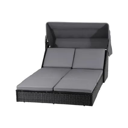 Gardeon Outdoor Day Bed Sun Lounge 4-Position Adjustable Canopy PE Rattan Black 300kg Weather-Resistant Cushions