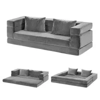 Artiss 3-in-1 Convertible Sofa Bed Velvet Grey Pull Out Mattress Lounge Couch High-Density Foam 300kg