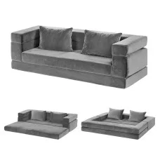 Artiss 3-in-1 Convertible Sofa Bed Velvet Grey Pull Out Mattress Lounge Couch High-Density Foam 300kg