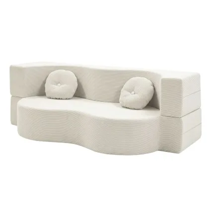Artiss 2-in-1 Convertible Sofa Bed Floor Couch 203cm Beige Corduroy with Washable Cover and Two Pillows