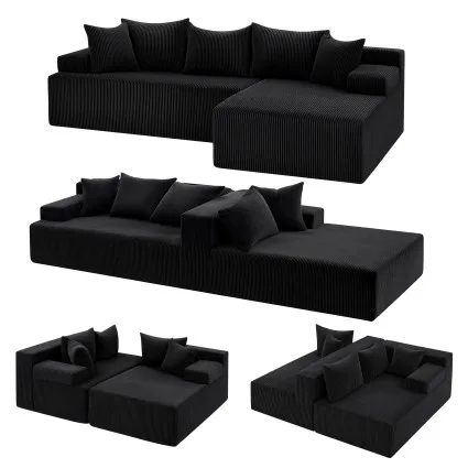 Artiss Modular 4-Seater L-Shape Sofa Bed with Deep Seat, Corduroy and 500kg Capacity Black