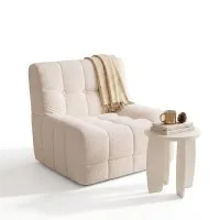 Artiss Single Sofa and Round End Table Set White Teddy Fleece Frameless Modular Couch 150kg Capacity