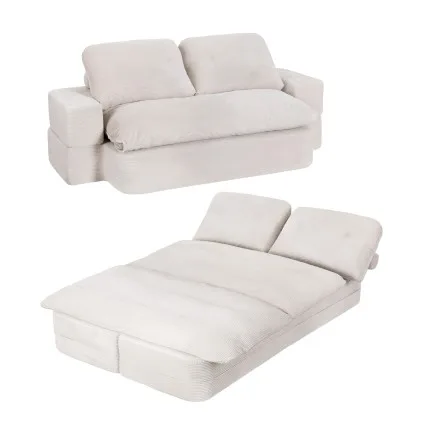 Artiss Convertible Corduroy Sofa Bed 200cm Boneless Couch, 30D High-Density Foam, Lounger with Headrests, Blanket, Beige