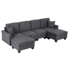 Artiss Modular U-Shaped Sectional Storage Sofa Grey Faux Linen with Movable Ottomans and Deep Seating