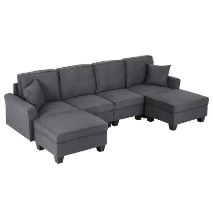 Artiss Modular U-Shaped Sectional Storage Sofa Grey Faux Linen with Movable Ottomans and Deep Seating