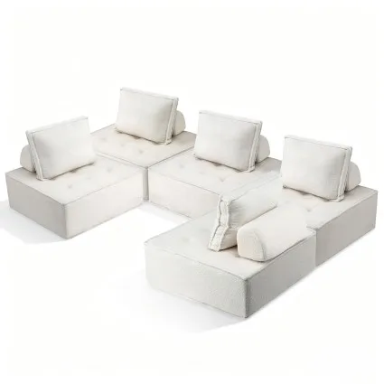 Artiss 5-Seater Floor Sofa Lounge Chair with Bouclé Fabric, Plush Cotton Backrest, and Ergonomic Support Pillow