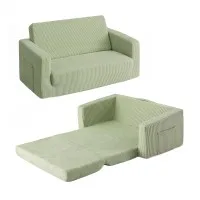 Artiss 2-in-1 Kids Sofa Foam Couch with Side Pocket, Washable Corduroy Cover, 100kg Capacity Light Green