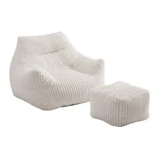 Artiss Bean Bag Sofa with Ottoman Corduroy 103cm x 102cm x 71cm White 150kg
