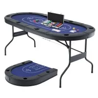 8 Player 1.8m Folding Poker Table Set with 300 Chips, Cupholders and Lockable Aluminium Case Blue Layout