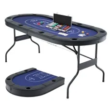 8 Player 1.8m Folding Poker Table Set with 300 Chips, Cupholders and Lockable Aluminium Case Blue Layout