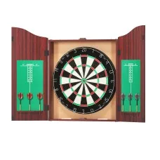18 inch Sisal Dartboard and Wooden Cabinet Set with 6 Steel Darts, Rotating Score Ring, Staple-Free Divider, Brown