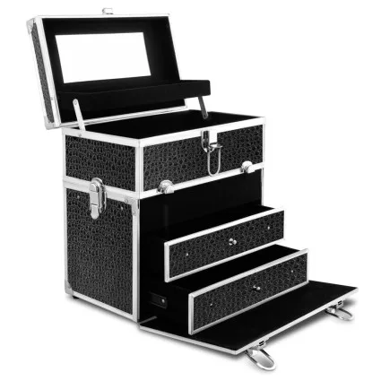 Embellir Portable Cosmetic Beauty Makeup Carry Case, Grade-A Aluminum, Crocodile Black, 28x17.5x31cm, with Mirror