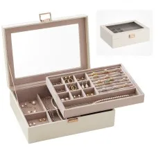 Embellir 2 Layer Jewellery Box Organiser with Clear Acrylic Lid Divided Storage and MDF Frame Beige White