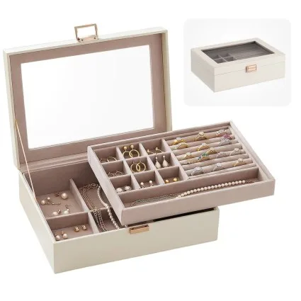 Embellir 2 Layer Jewellery Box Organiser with Clear Acrylic Lid Divided Storage and MDF Frame Beige White