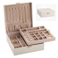 Embellir 2 Layer Jewellery Storage Organiser with Removable Dividers Necklace Hooks Faux Leather White
