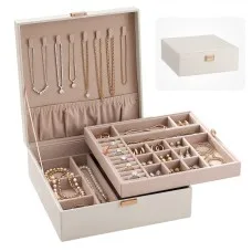 Embellir 2 Layer Jewellery Storage Organiser with Removable Dividers Necklace Hooks Faux Leather White