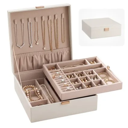Embellir 2 Layer Jewellery Storage Organiser with Removable Dividers Necklace Hooks Faux Leather White