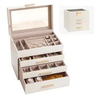 Embellir Jewellery Box 4-Layer Organiser with Glass Lid and Drawers, Dedicated Compartments, Cloud White and Gold