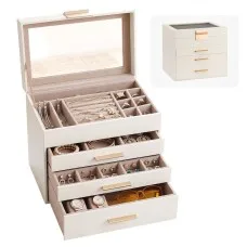 Embellir Jewellery Box 4-Layer Organiser with Glass Lid and Drawers, Dedicated Compartments, Cloud White and Gold