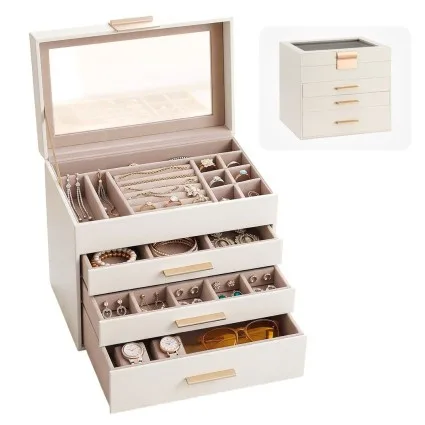 Embellir Jewellery Box 4-Layer Organiser with Glass Lid and Drawers, Dedicated Compartments, Cloud White and Gold