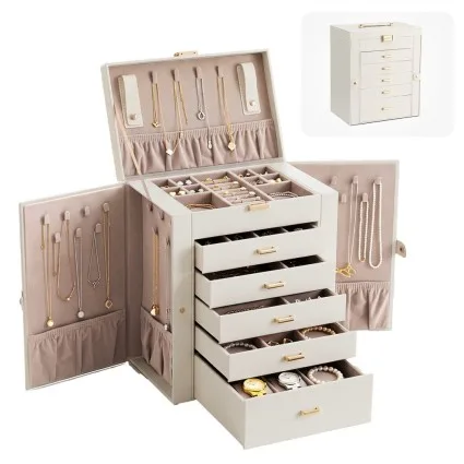 Embellir Large 6 Layer Jewellery Box Organiser with 5 Drawers and Fold-Out Doors White Faux Leather
