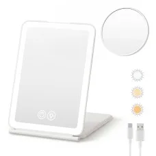 Embellir Portable Makeup Mirror with Lights, Rechargeable, Detachable 10x Magnifier, 19cm x 13cm White