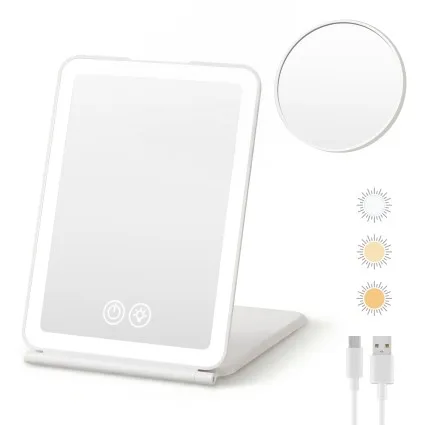 Embellir Portable Makeup Mirror with Lights, Rechargeable, Detachable 10x Magnifier, 19cm x 13cm White