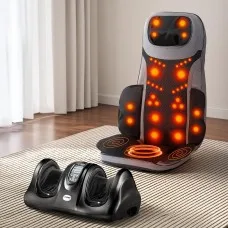 Livemor 8-Node Full Back Massage Seat Cushion and Foot Massager Bundle with Heating and Remote Black