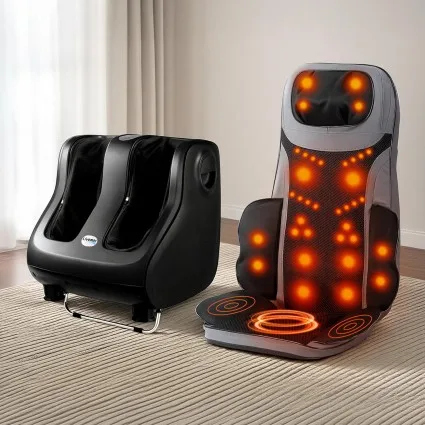 Livemor Full Back Massage Seat Cushion and Foot Massager Bundle with Heating and 360° Foot Massage Black