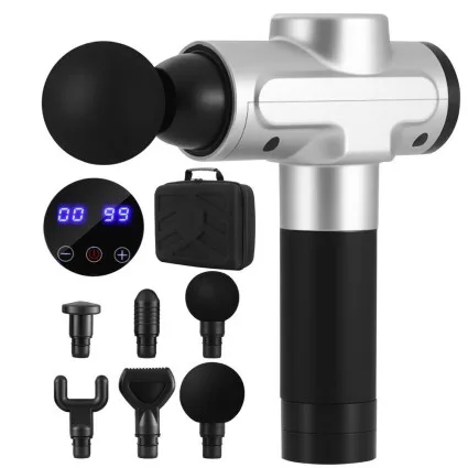 Everfit Silver Massage Gun: 30-Speed, 6 Heads, 1200-2700 RPM, Quiet Motor, Rechargeable, Deep Tissue Relief, 2-Hour Use