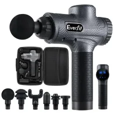 Everfit Massage Gun 30 Speed 6 Heads, 20V Quiet Brushless Motor, 12mm Deep Tissue Vibration, Rechargeable, Grey