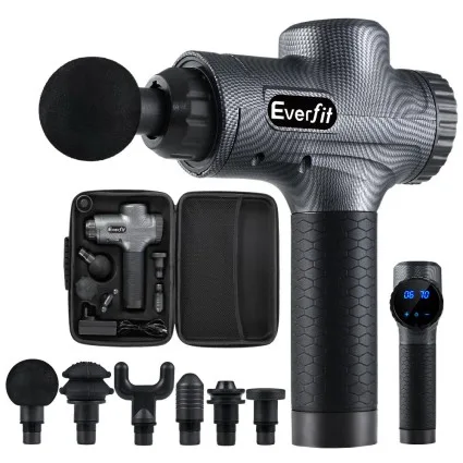 Everfit Massage Gun 30 Speed 6 Heads, 20V Quiet Brushless Motor, 12mm Deep Tissue Vibration, Rechargeable, Grey