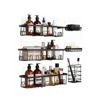Artiss Six-Piece Wall Shower Caddy Bathroom Organiser Set Rust Resistant Steel Black No Drilling Adhesive Mount Artiss Six-Piece Wall Shower Caddy Bathroom Organiser Set Rust Resistant Steel Black No Drilling Adhesive Mount