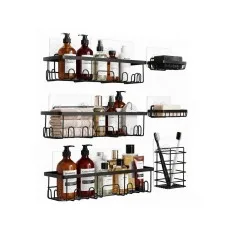 Artiss Six-Piece Wall Shower Caddy Bathroom Organiser Set Rust Resistant Steel Black No Drilling Adhesive Mount