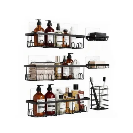 Artiss Six-Piece Wall Shower Caddy Bathroom Organiser Set Rust Resistant Steel Black No Drilling Adhesive Mount