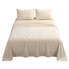 Giselle Bedding Queen Sheet Set 150 GSM Micro Flannel 40cm Deep Pocket Cream White Anti-Pilling Fast Drying