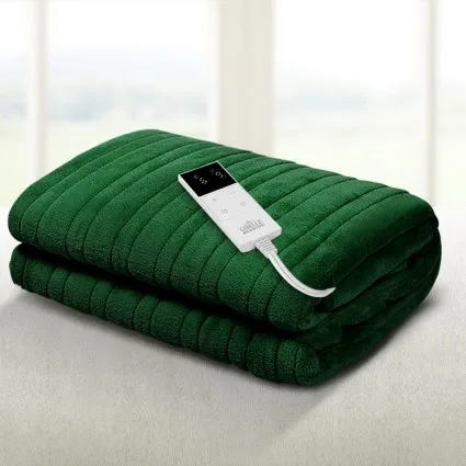 Giselle Bedding Heated Electric Throw Rug, Washable Coral Fleece, 10 Heat Settings, Green, 160x130cm, 1-Year Warranty