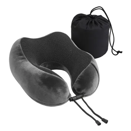 Wanderlite Travel Neck Pillow with Memory Foam, Washable Cover, Storage Bag and Adjustable Drawstring Grey