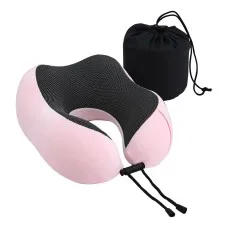 Wanderlite Travel Pillow Memory Foam Neck Support with Washable Cover Adjustable Drawstring Storage Bag Pink