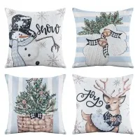 Jingle Jollys Christmas Cushion Covers Set of 4 45 x 45cm Blue with Snowman Reindeer and Eucalyptus Prints