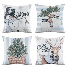 Jingle Jollys Christmas Cushion Covers Set of 4 45 x 45cm Blue with Snowman Reindeer and Eucalyptus Prints