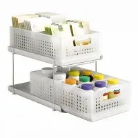 Artiss Under Sink Organiser 2 Tier Pull-Out Drawers with Removable Baskets Adjustable Dividers White 21cm